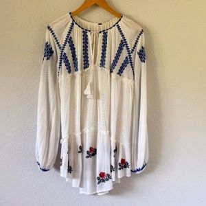 Free People white shirt with blue embroidery
